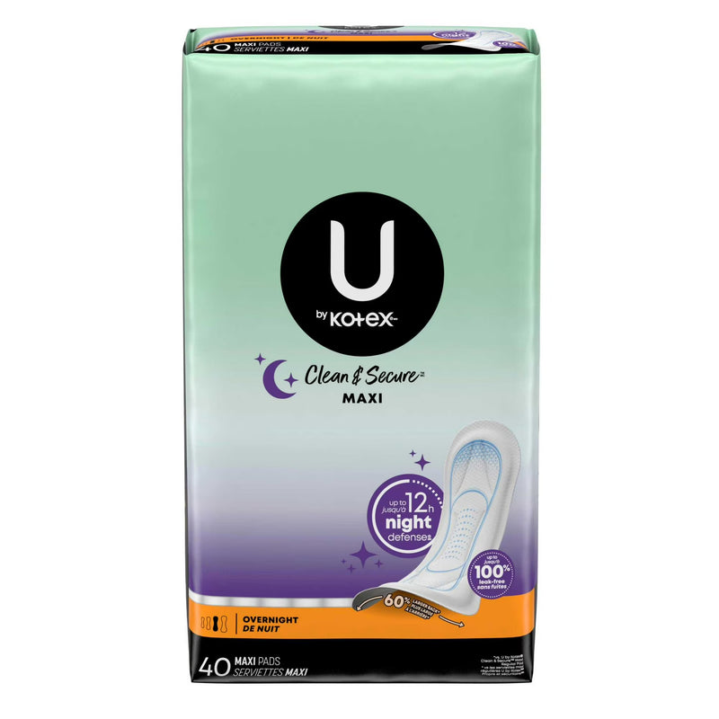 U by Kotex Clean & Secure Maxi Pads, Overnight, 40 Count