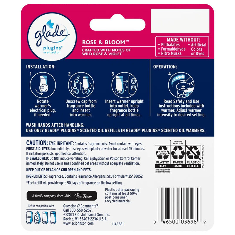 Glade PlugIns Scented Oil Air Freshener Refills, Rose & Bloom, 0.67 oz, 2 Count