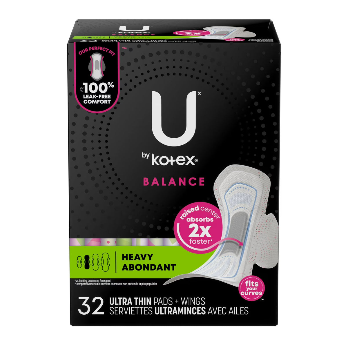 U by Kotex Balance Ultra Thin Pads with Wings, Heavy, 32 Count