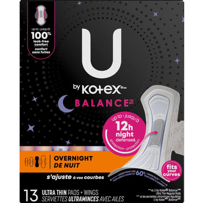 U by Kotex Balance Ultra Thin Pads with Wings, Overnight, 13 Count