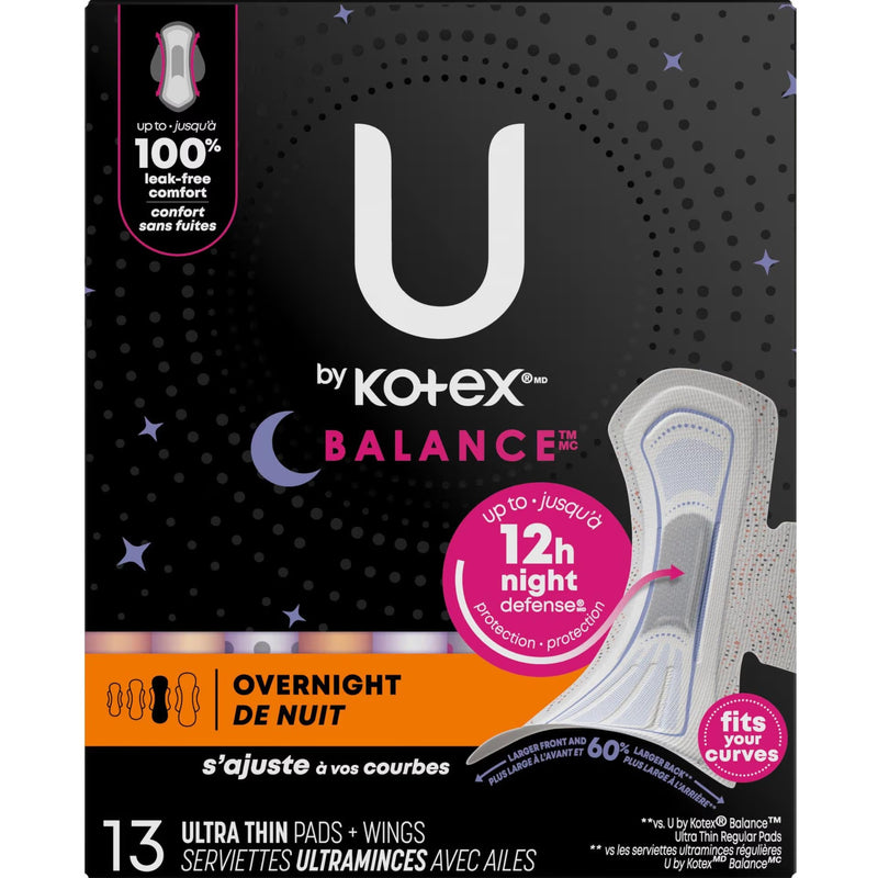 U by Kotex Balance Ultra Thin Pads with Wings, Overnight, 13 Count