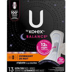 U by Kotex Balance Ultra Thin Pads with Wings, Overnight, 13 Count