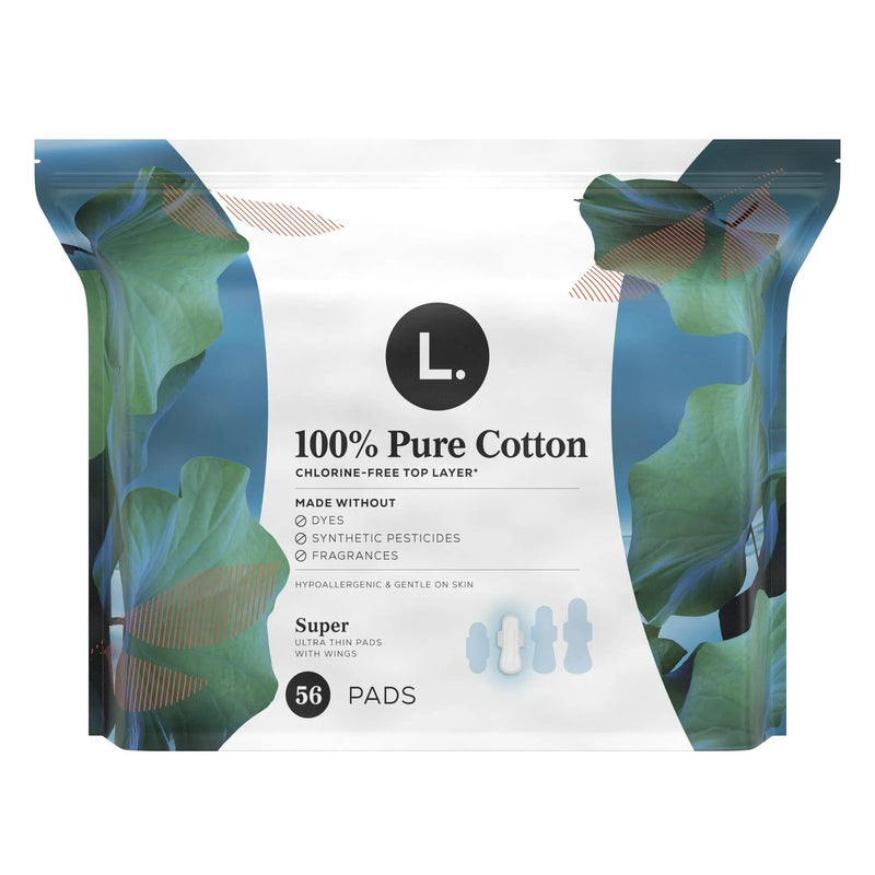 L. Ultra Thin Pads with Wings, Super, 100% Pure Cotton Top Layer, 56 Count