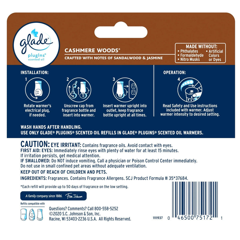 Glade PlugIns Scented Oil Air Freshener Refills, Cashmere Woods, 0.67 oz, 3 Count