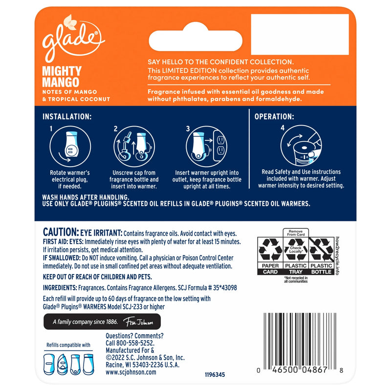 Glade PlugIns Scented Oil Air Freshener Refills, Mighty Mango, 0.67 oz, 2 Count