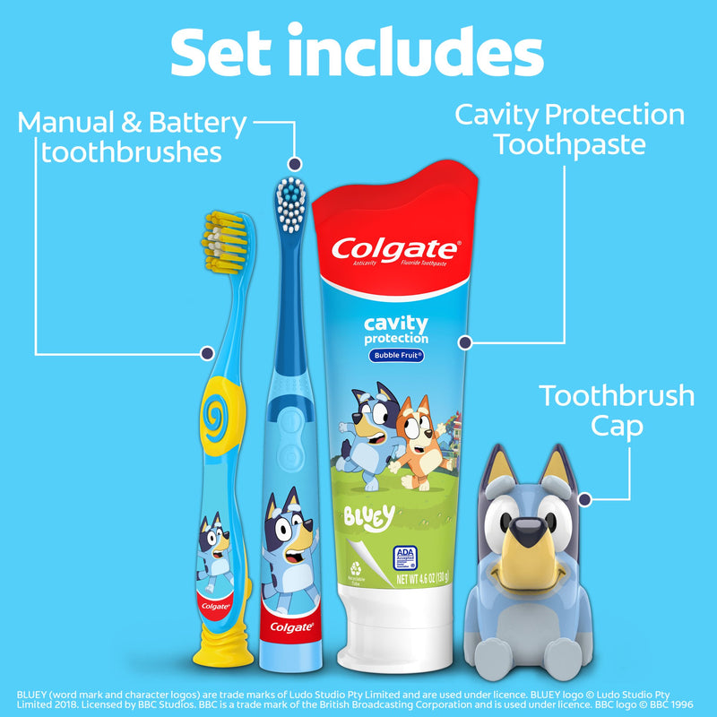 Colgate Bluey Brushstastic Gift Set with Manual & Battery Toothbrushes, Toothpaste & Cap