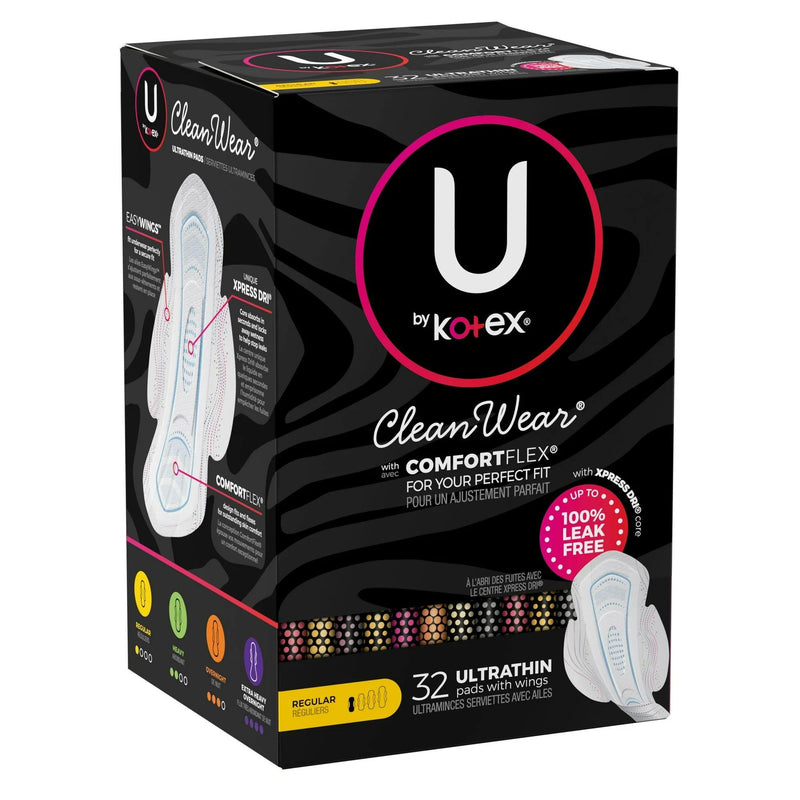 U by Kotex CleanWear Ultra Thin Feminine Pads with Wings, Regular, 32 Count