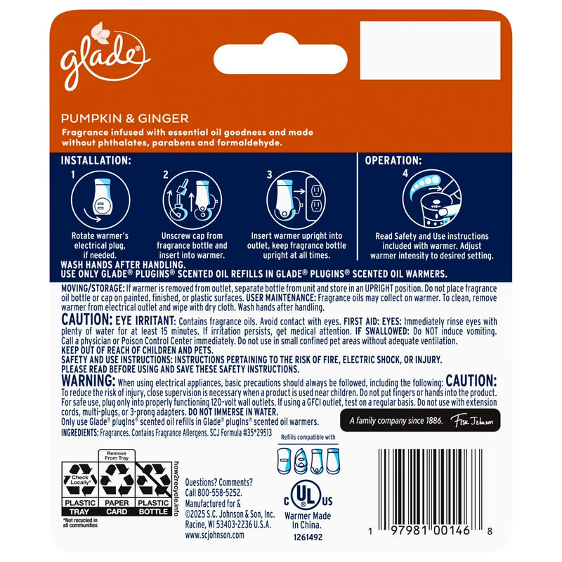 Glade PlugIns Starter Kit, 1 Warmer + 2 Refills, Pumpkin & Ginger