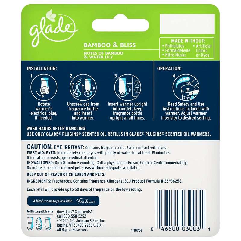 Glade PlugIns Scented Oil Air Freshener Refills, Bamboo & Waterlily Bliss, 0.67 oz, 2 Count