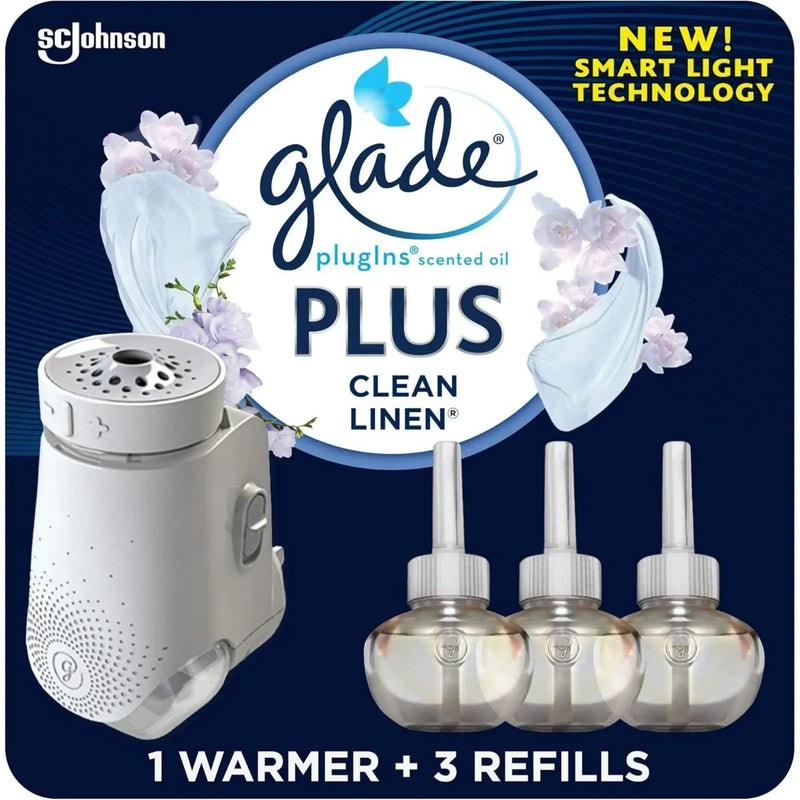 Glade PlugIn Plus Air Freshener Starter Kit, 1 Warmer + 3 Refills, Clean Linen - First Choice Buying