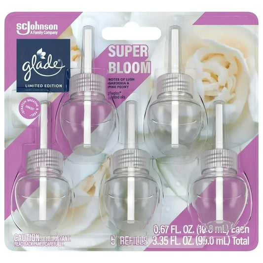 Five pack scented oil air freshener refills in clear bottles, floral background, Super Bloom scent.