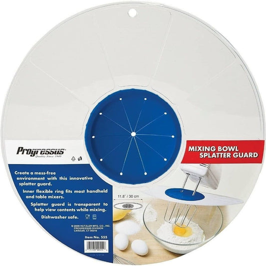 12-inch mixing bowl splatter guard with blue center, prevents mess while mixing food