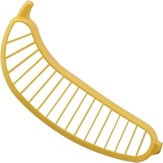 Yellow plastic banana slicer kitchen tool with curved, slotted design on white background