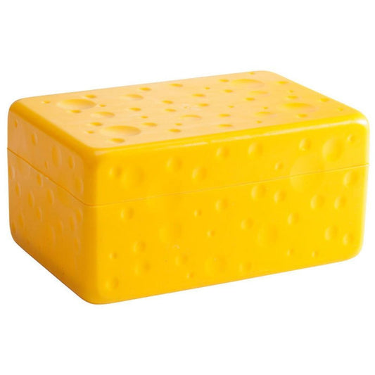Yellow cheese saver container with textured, cheese-like design on white background