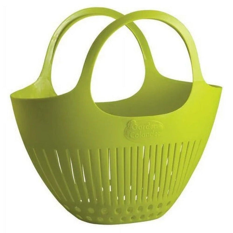 Large green plastic garden colander basket with handles and slotted sides
