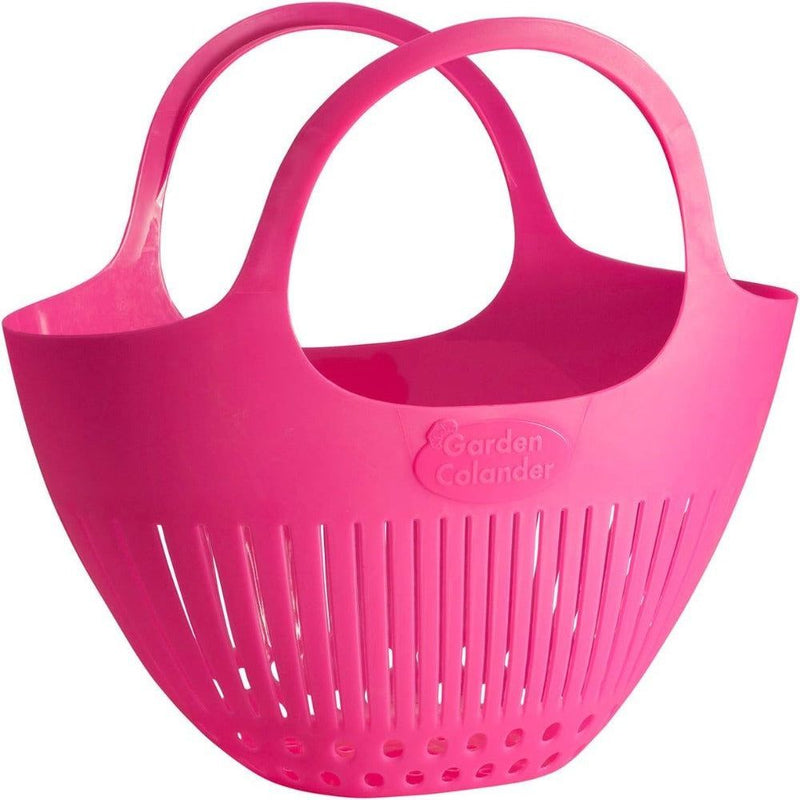 Large pink garden colander basket with handles and slotted drainage design