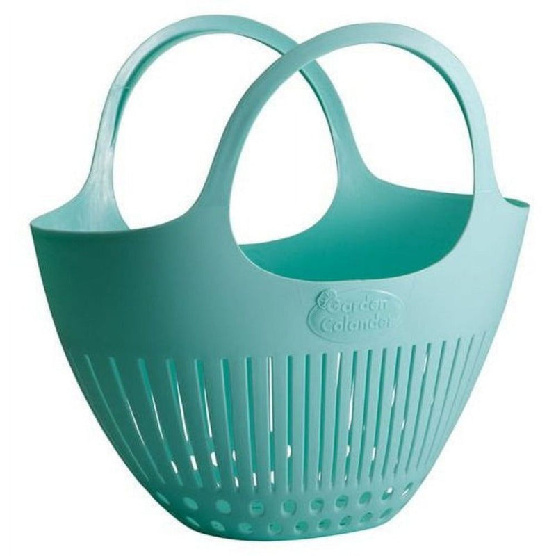 Large teal plastic garden colander basket with dual handles and drainage slots