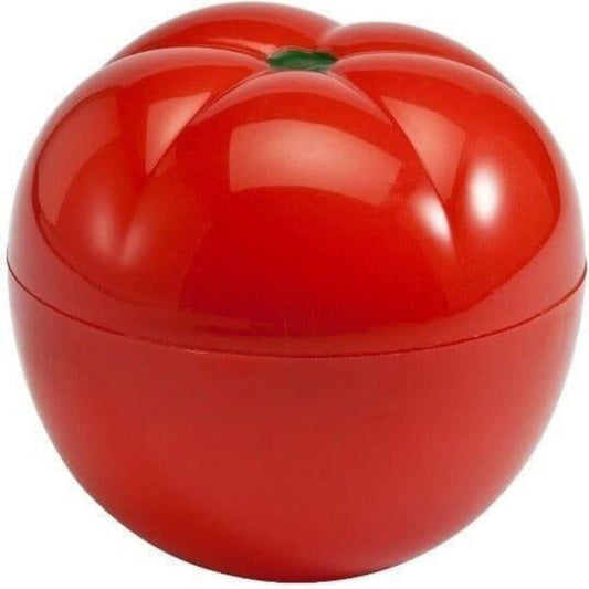 Red tomato-shaped vegetable saver container for keeping produce fresh