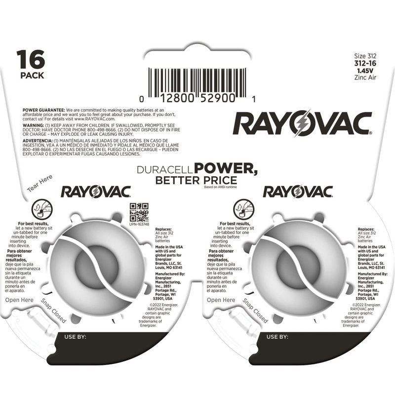 Rayovac Size 312 Hearing Aid Batteries, 16 Pack