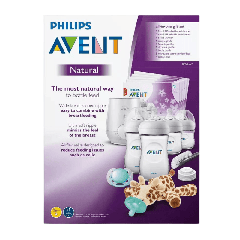 Philips AVENT All-In-One Gift Set Natural Bottles with Natural Response Nipple & Snuggle Giraffe - First Choice Buying