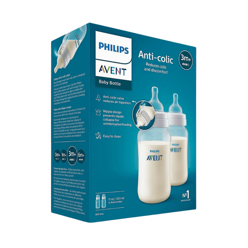 Philips AVENT Anti-Colic Baby Bottles, 11oz, Clear, 3M+, Flow 3, 2-Pack - First Choice Buying