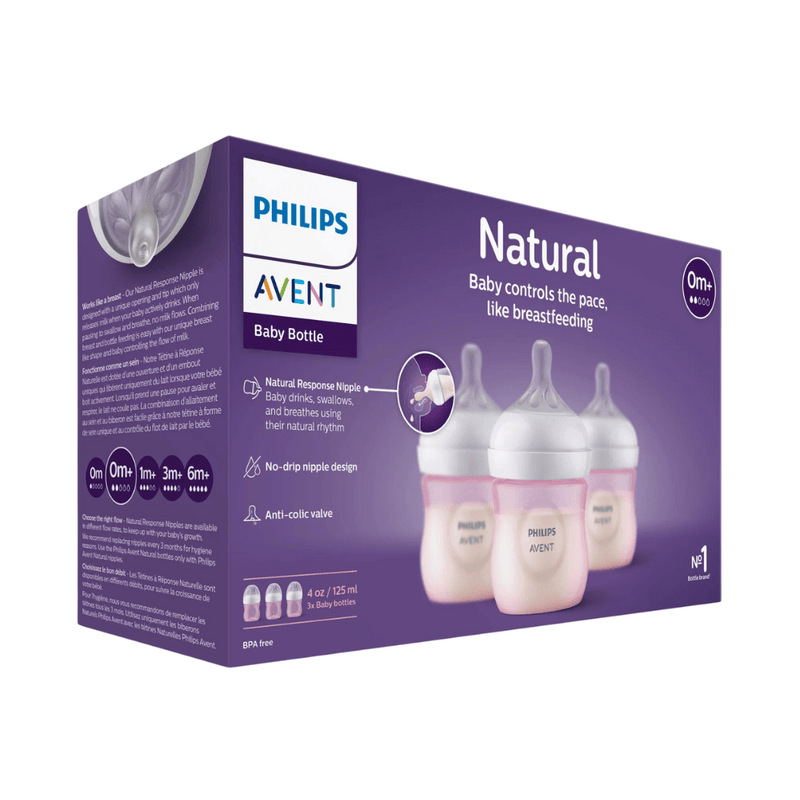Philips AVENT Natural Baby Bottle with Natural Response Nipple, 0m+, Flow 2, 4 Oz, Pink, 3-pack - First Choice Buying