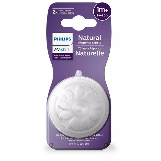 Natural response baby bottle nipple flow 3 for 1 month+, pack of two in clear packaging
