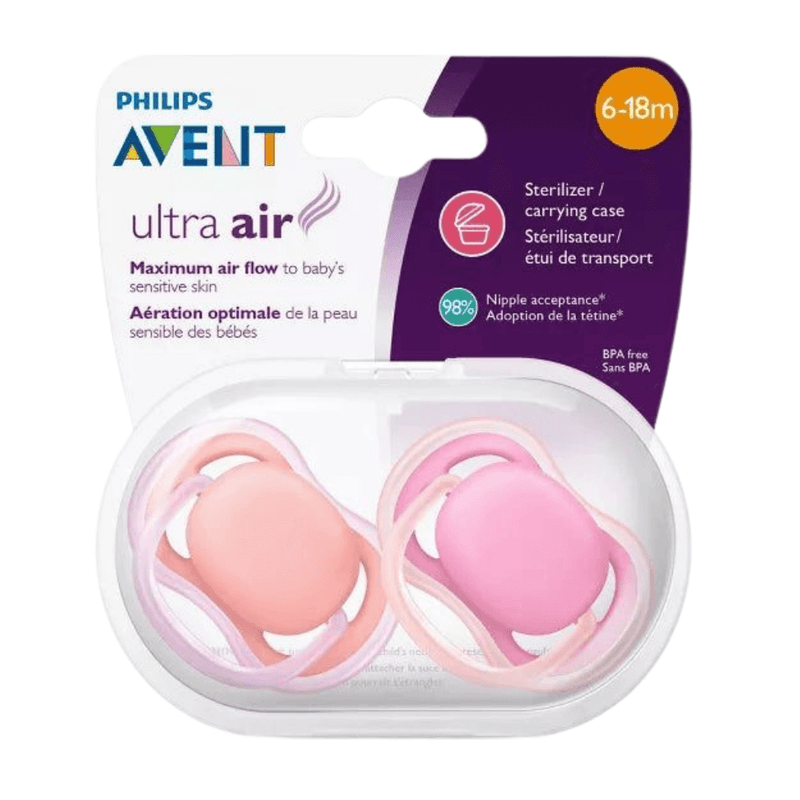 Philips AVENT Ultra Air Pacifier, 6-18 Months, Pink or Orange, 2-Pack - First Choice Buying