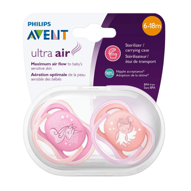 Philips AVENT Ultra Air Pacifier, 6-18 Months, Pink Unicorn or Orange Fairy, 2-Pack - First Choice Buying