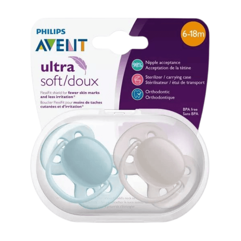Philips AVENT Ultra Soft Pacifier, 6-18 Months, Blue or Gray, 2-Pack - First Choice Buying