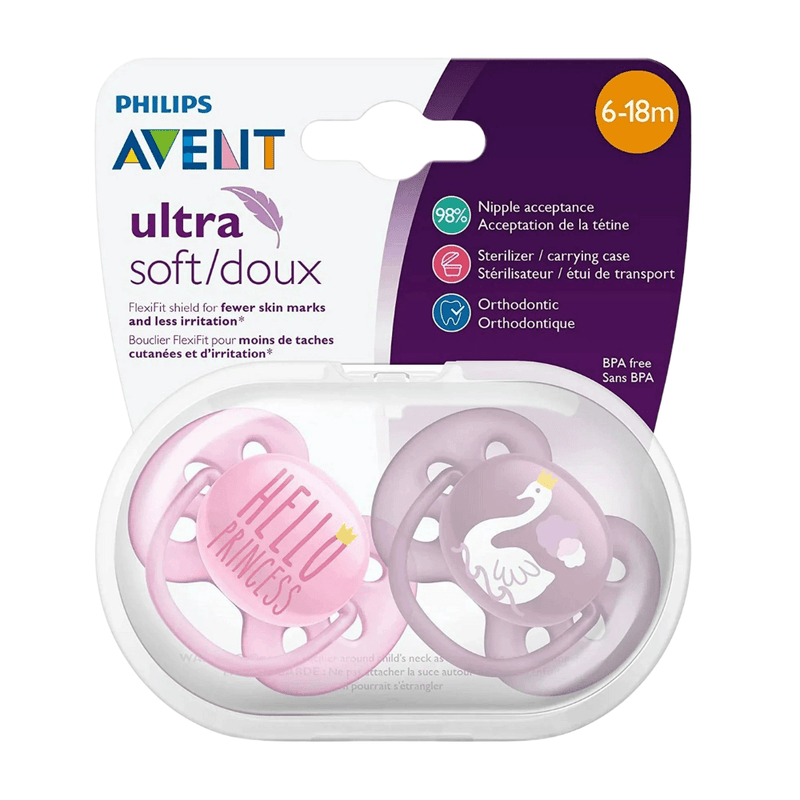 Philips AVENT Ultra Soft Pacifier, 6-18 Months, Hello & Swan Designs, 2-Pack - First Choice Buying