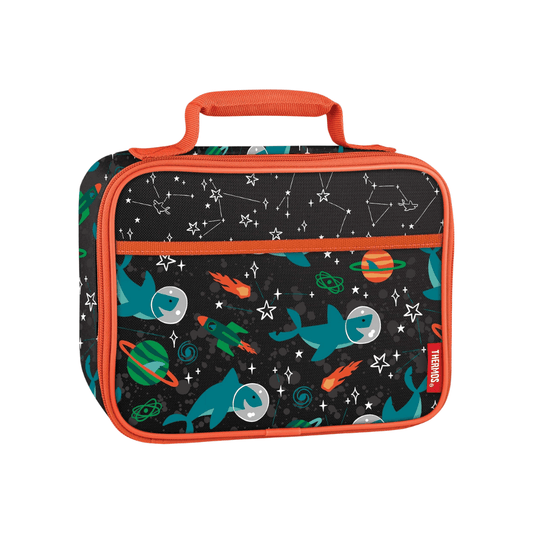 Kids' lunch box with space-themed shark, rocket, and planet print, orange trim