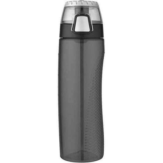 Black Tritan hydration bottle with clear flip-top lid and textured grip, 24 oz